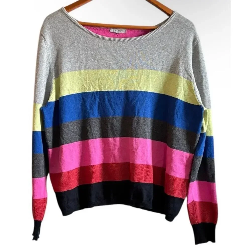 Lisa Todd Colorblock Cashmere Blend Sweater Gray Pink Blue Stripe Pullover M